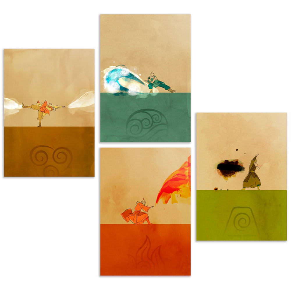 Coleção 4 Quadros Avatar elementos Agua Fogo Terra Ar