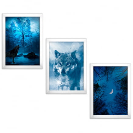Trio Quadros ou Placas Decorativas Lobo Azul
