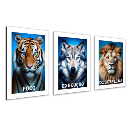 Trio Quadros decorativos Leão Lobo e tigre Motivação